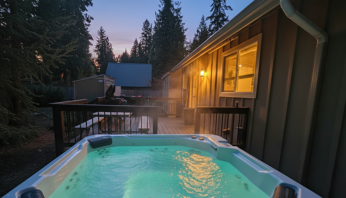 Twilight view of the hot tub and cabin exterior at Hunchback Hideaway